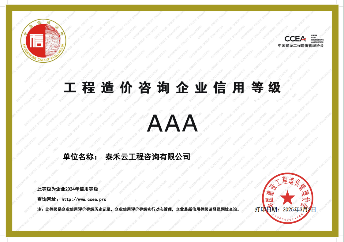 工程造价咨询企业信用等级AAA证书